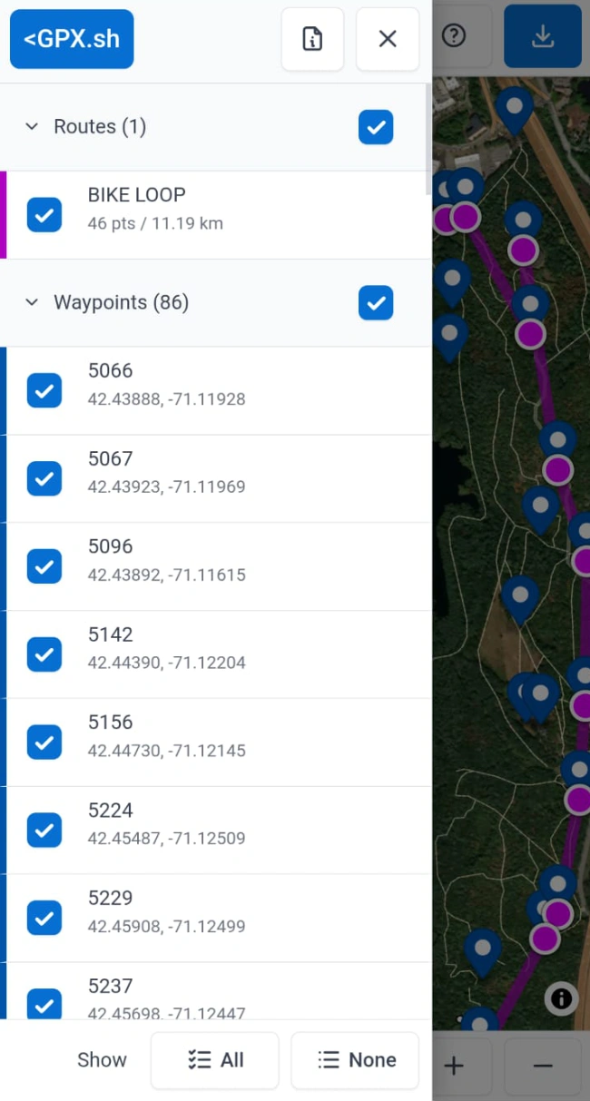 Mobile viewer showing sidebar details for a GPX file