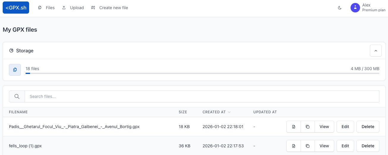 My Files table showing GPX file list, search, and action buttons